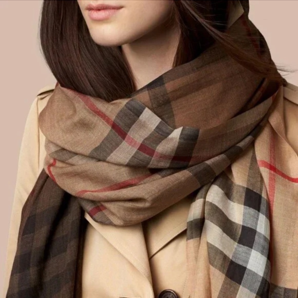 Burberry Lightweight Ombré Giant Check Wool / Silk Gauze Scarf - Camel Check
